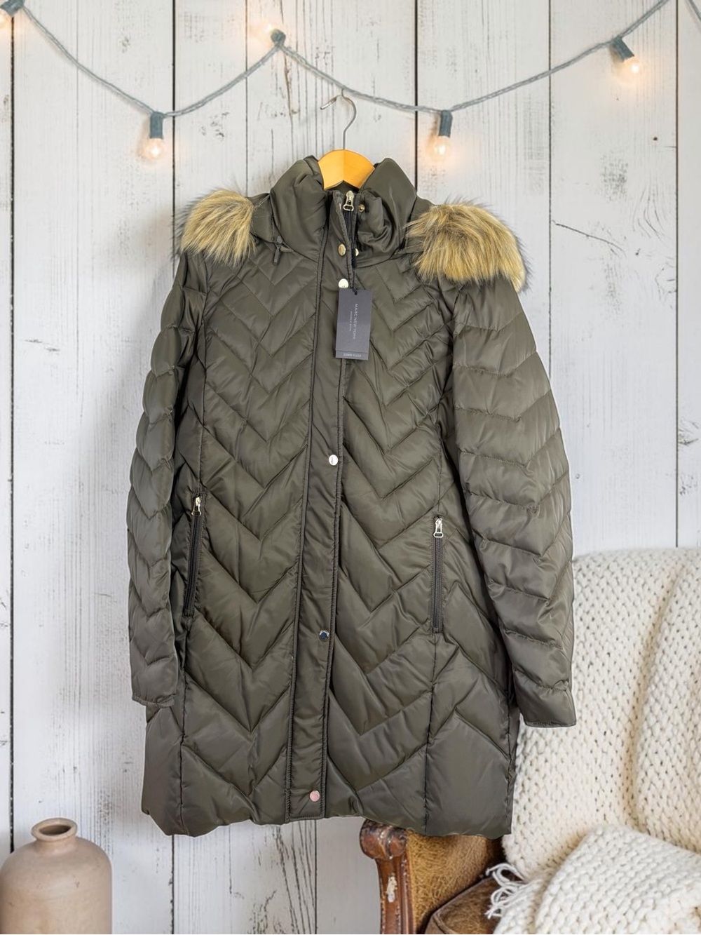 NWT Marc New York Roxbury Down Puffer Coat Olive Faux Fur Hood NWT Large